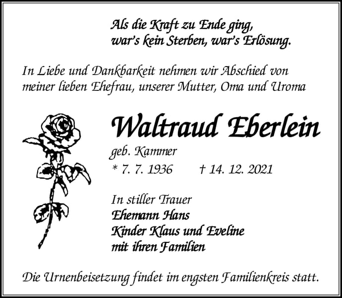 Traueranzeige Waltraud Eberlein, geb. Kammer