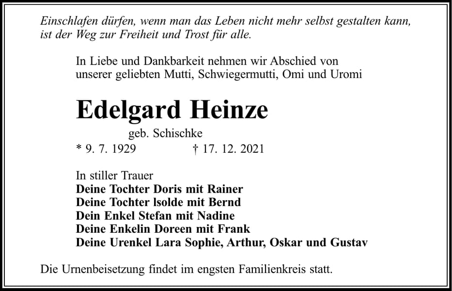 Traueranzeige Edelgard Heinze, geb. Schischke