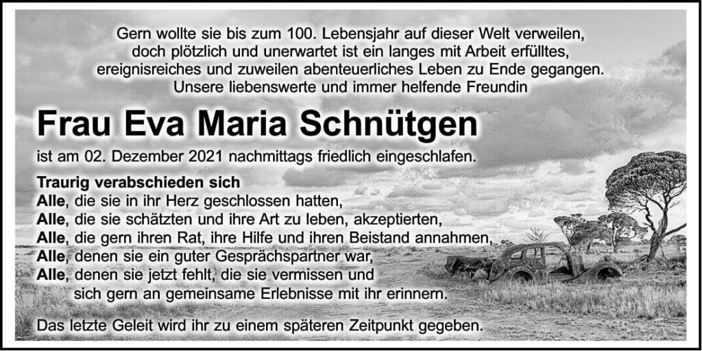 Traueranzeige Frau Eva Maria Schnütgen