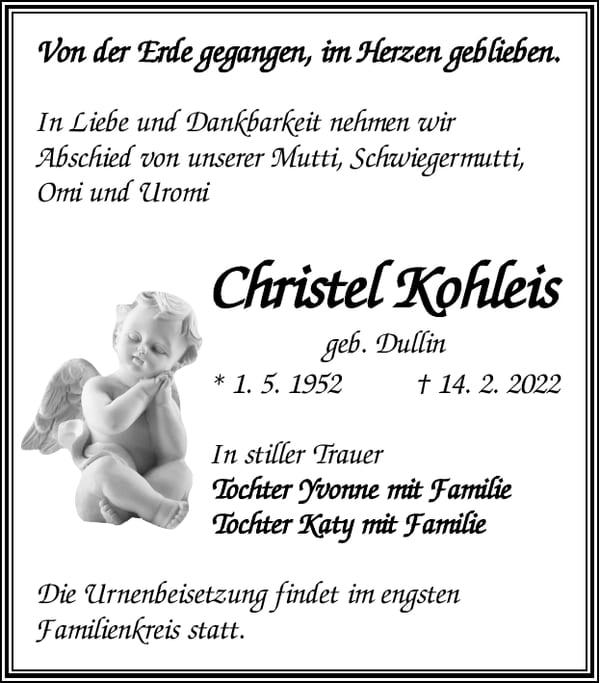 Traueranzeige Christel Kohleis, geb. Dullin