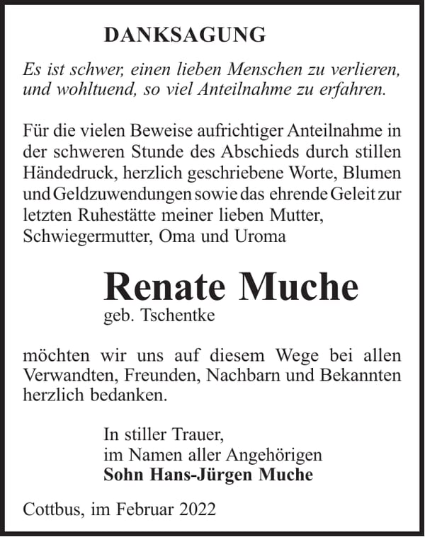 Danksagung Renate Muche, geb. Tschentke