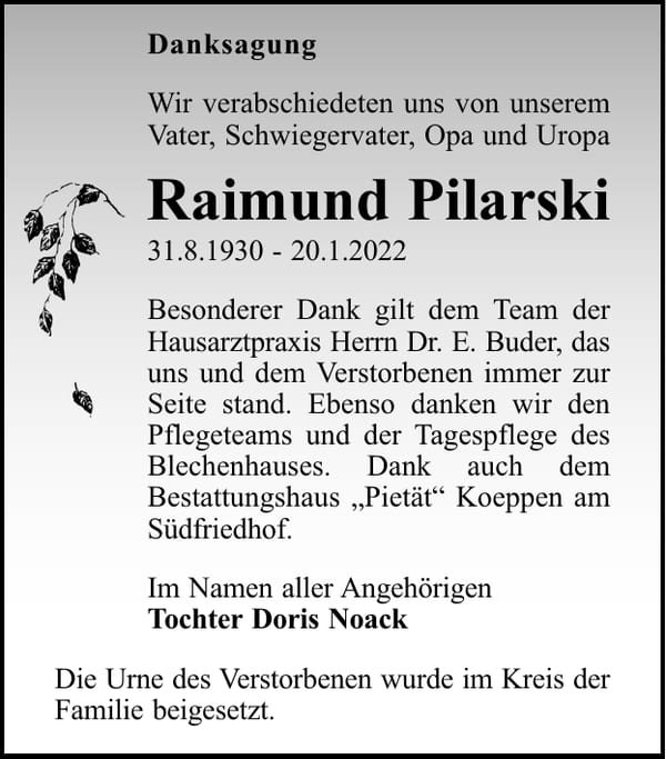 Danksagung Raimund Pilarski