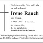 Traueranzeige Irene Rauch, geb. Wehlan