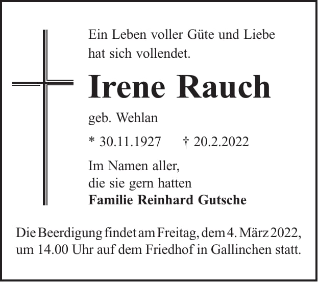 Traueranzeige Irene Rauch, geb. Wehlan