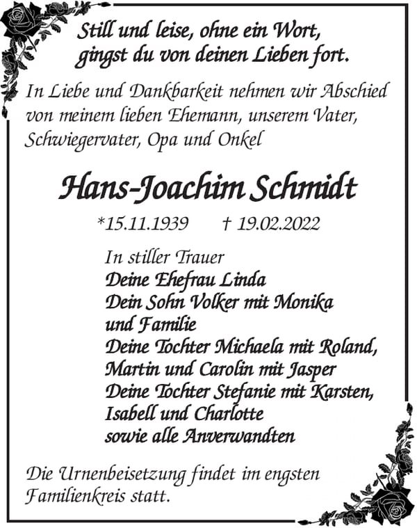 Traueranzeige Hans-Joachim Schmidt