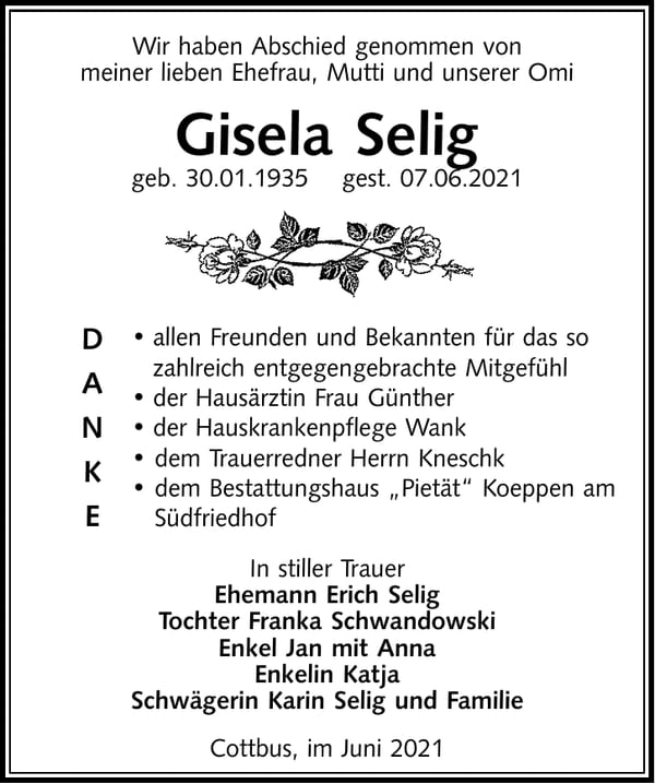 Danksagung Gisela Selig