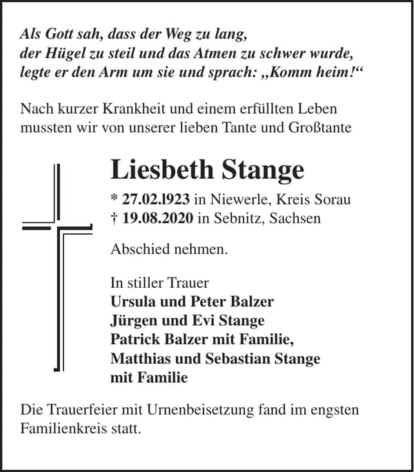 Traueranzeige Liesbeth Stange