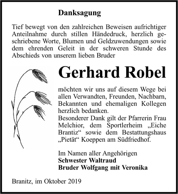 Danksagung Gerhard Robel