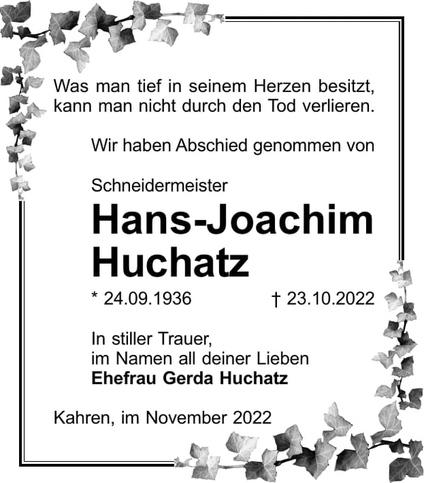 Traueranzeige Hans-Joachim Huchatz