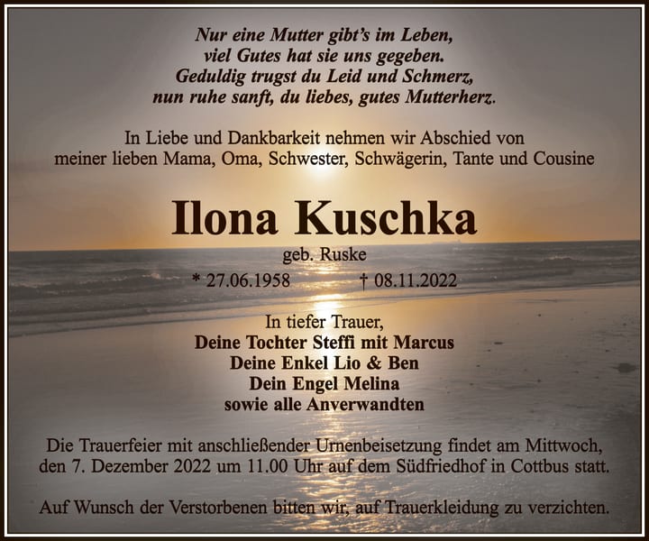 Traueranzeige Ilona Kuschka, geb. Ruske