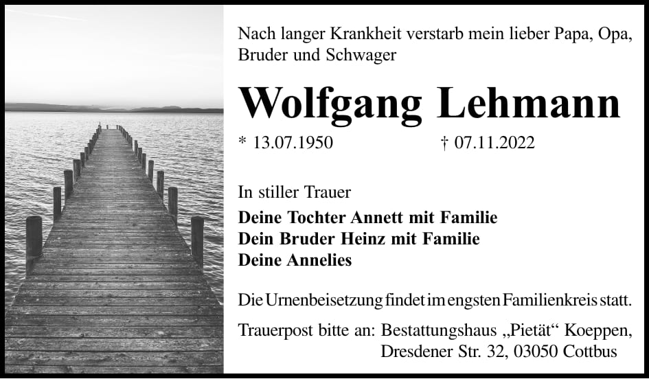 Traueranzeige Wolfgang Lehmann