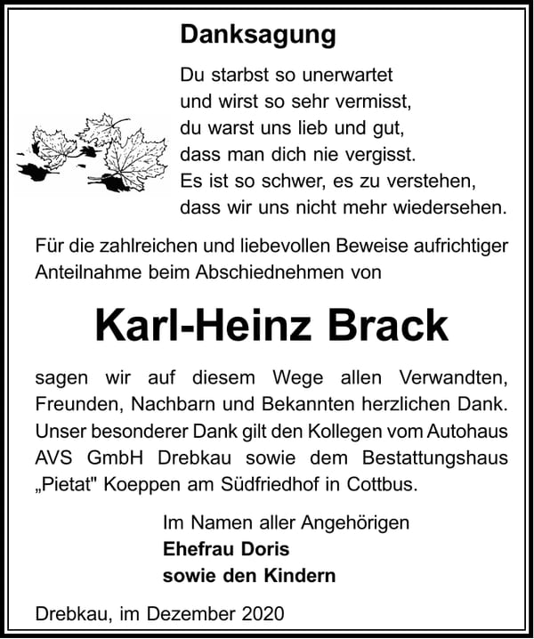 Danksagung Karl-Heinz Brack