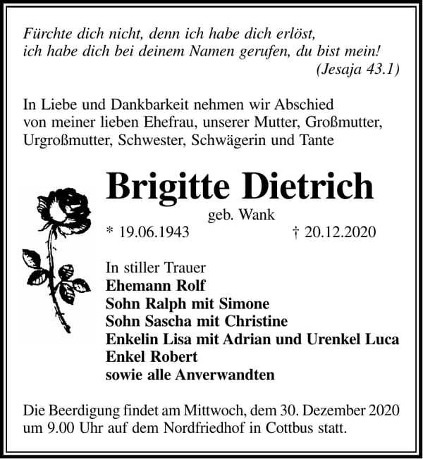 Traueranzeige Brigitte Dietrich, geb. Wank