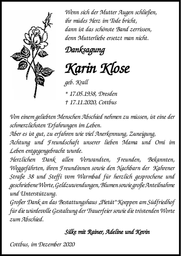 Danksagung Karin Klose, geb. Krall
