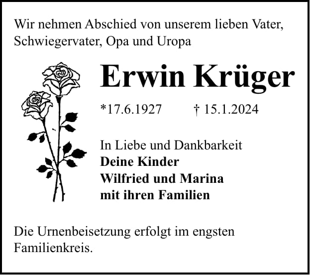 Traueranzeige Erwin Krüger