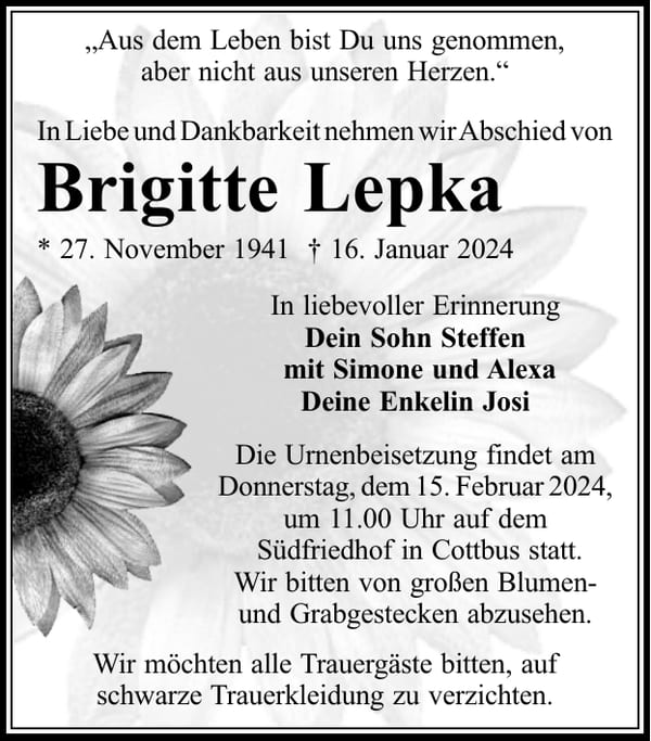 Traueranzeige Brigitte Lepka