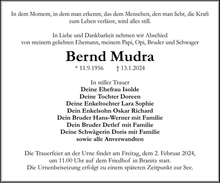 Traueranzeige Bernd Mudra