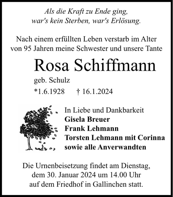 Traueranzeige Rosa Schiffmann, geb. Schulz