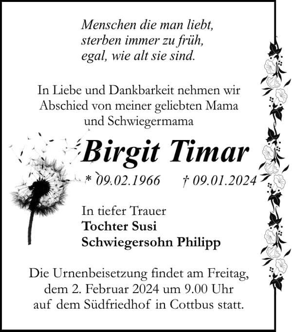 Traueranzeige Birgit Timar