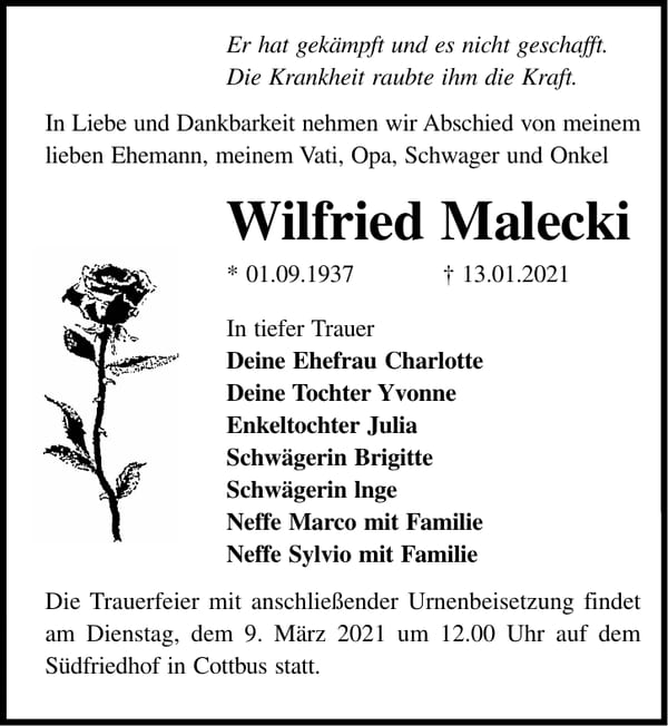 Traueranzeige Wilfried Malecki