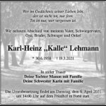 Traueranzeige Karl-Heinz „Kalle“ Lehmann