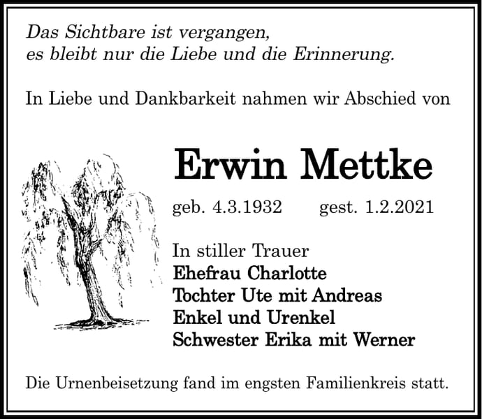 Traueranzeige Erwin Mettke