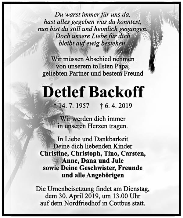 Traueranzeige Detlef Backoff