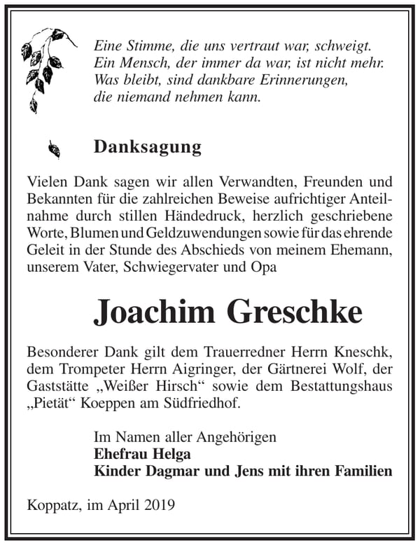 Danksagung Joachim Greschke