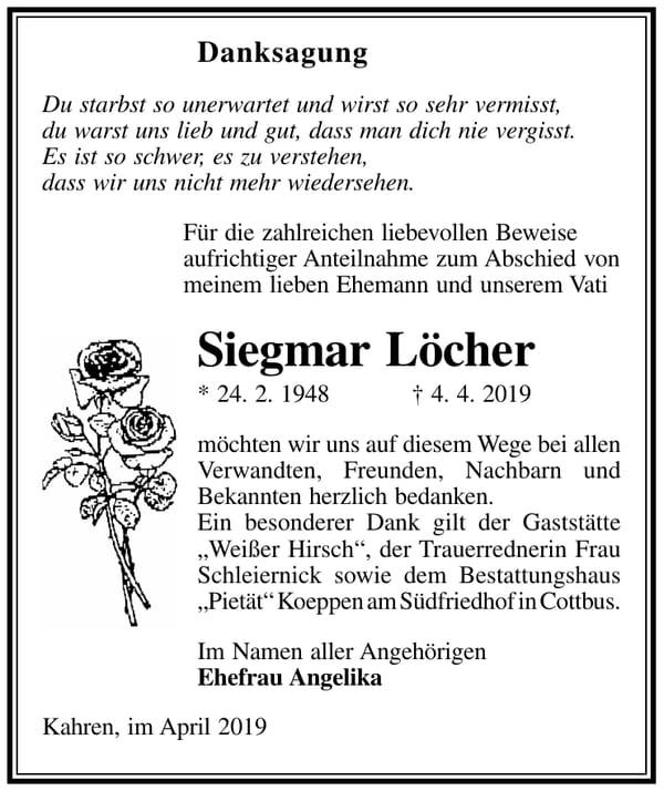 Danksagung Siegmar Löcher