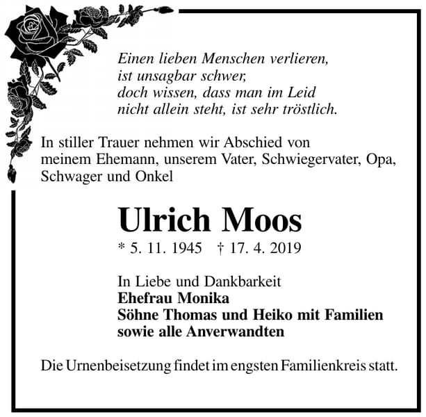 Traueranzeige Ulrich Moos