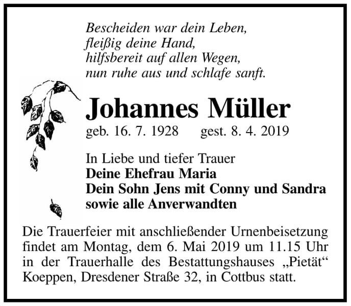 Traueranzeige Johannes Müller