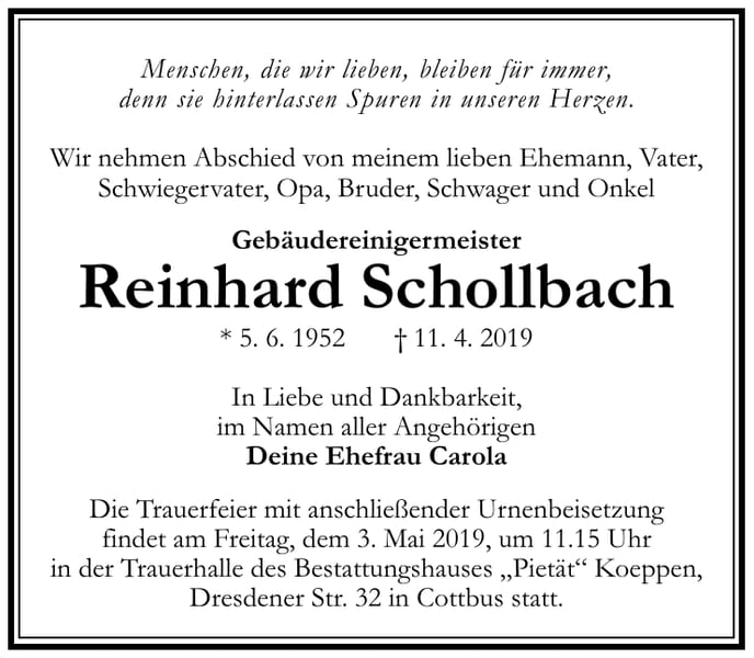 Traueranzeige Reinhard Schollbach