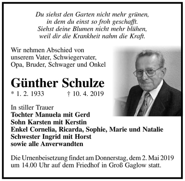 Traueranzeige Günther Schulze