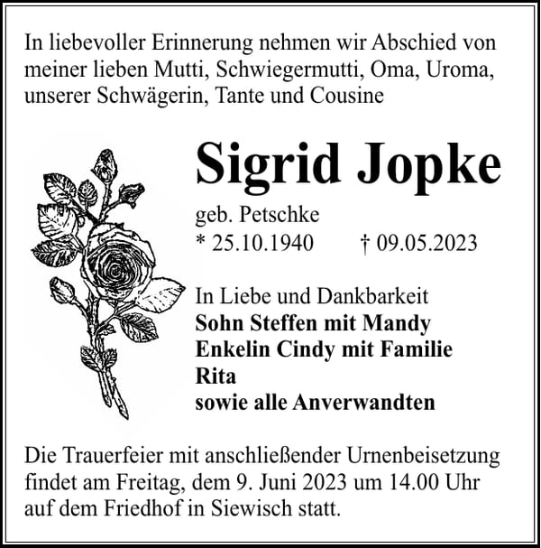 Traueranzeige Sigrid Jopke, geb. Petschke