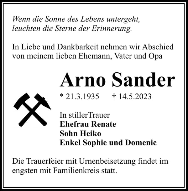 Traueranzeige Arno Sander