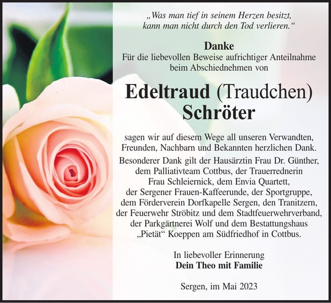 Danksagung Edeltraud (Traudchen) Schröter