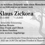 Traueranzeige Klaus Zickora