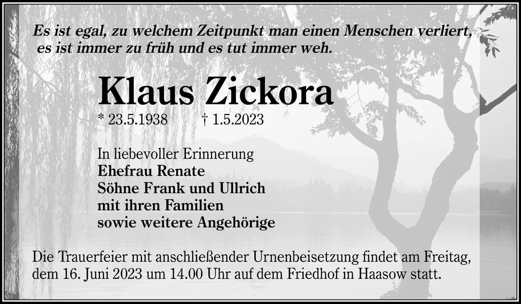 Traueranzeige Klaus Zickora