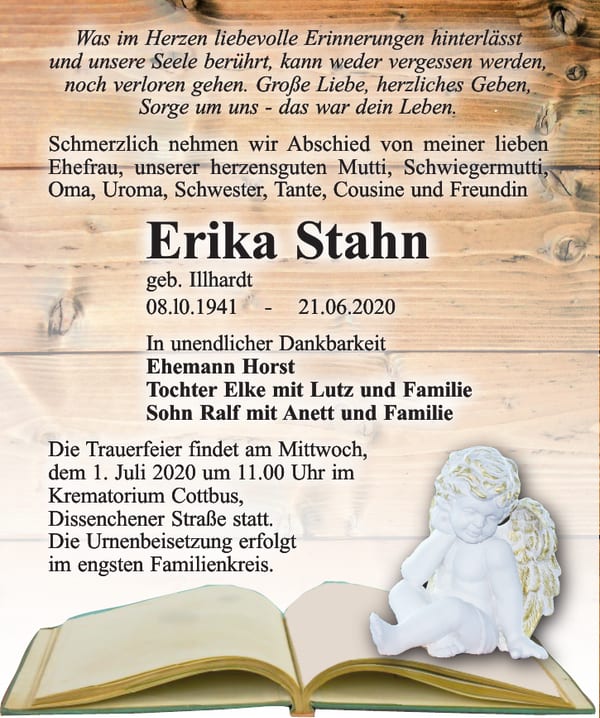 Traueranzeige Erika Stahn, geb. Illhardt
