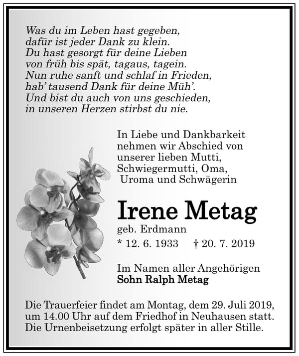 Traueranzeige Irene Metag, geb. Erdmann