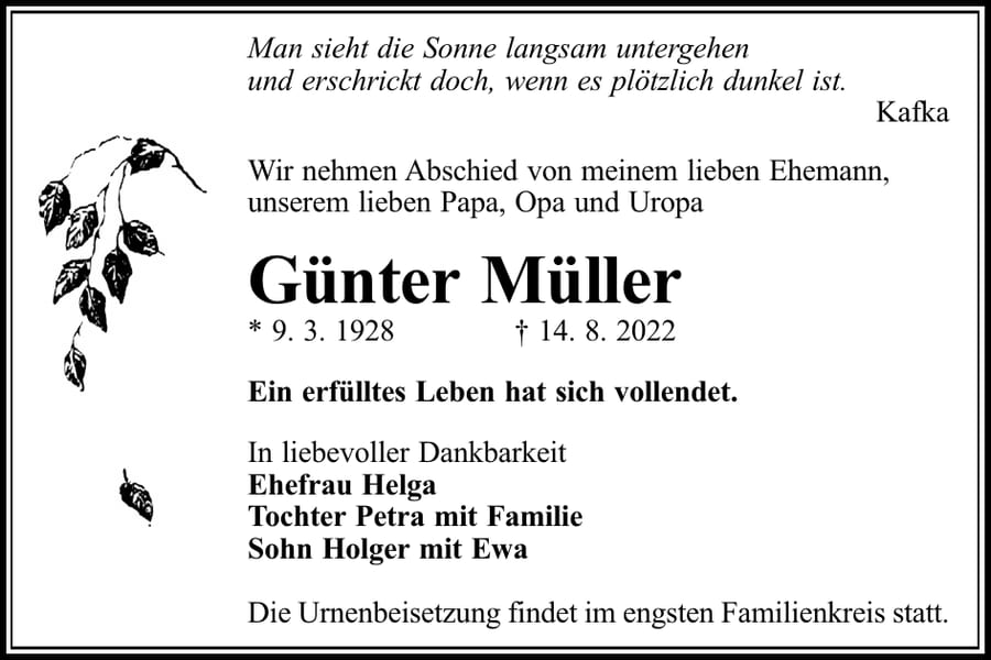 Traueranzeige Günter Müller