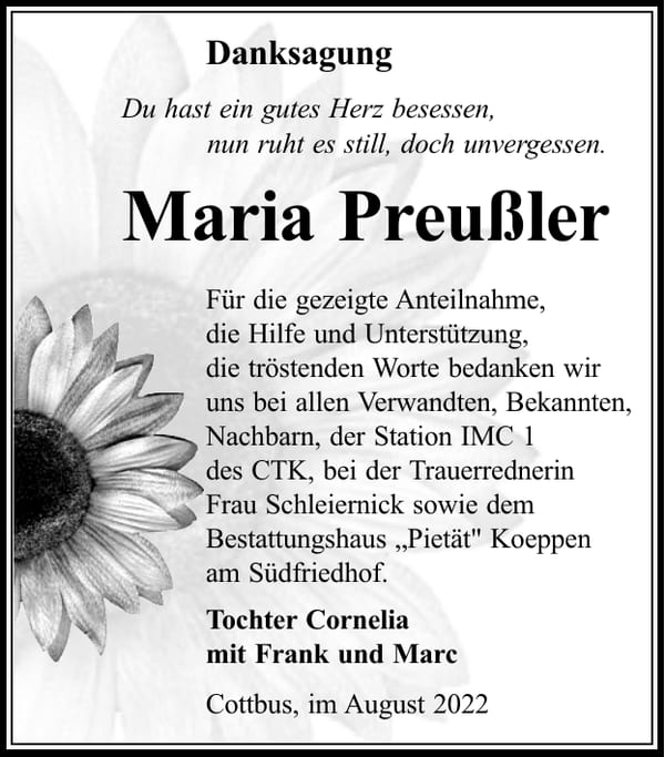 Danksagung Maria Preußler