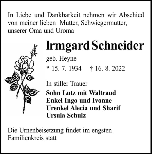 Traueranzeige Irmgard Schneider, geb. Heyne