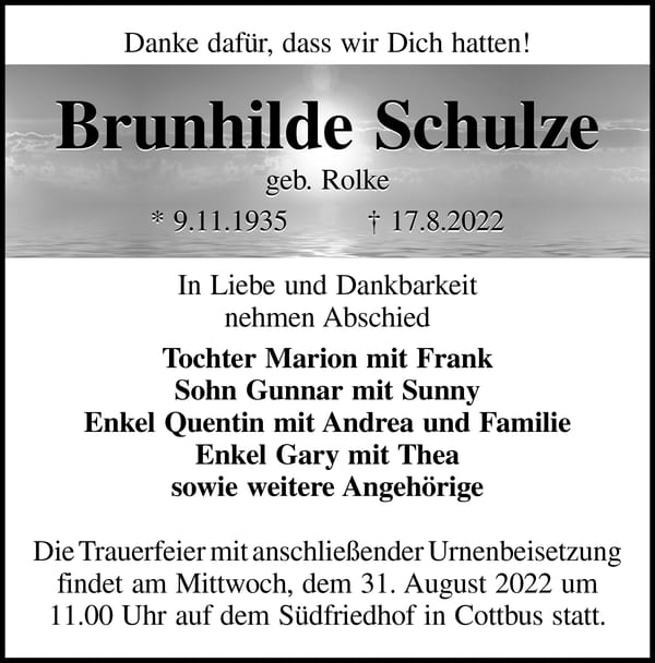 Traueranzeige Brunhilde Schulze, geb. Rolke