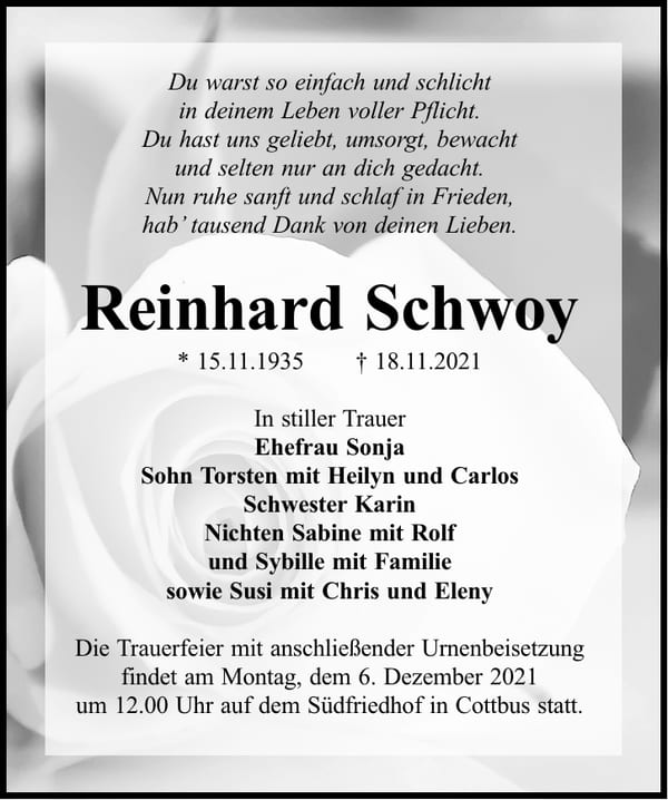 Traueranzeige Reinhard Schwoy