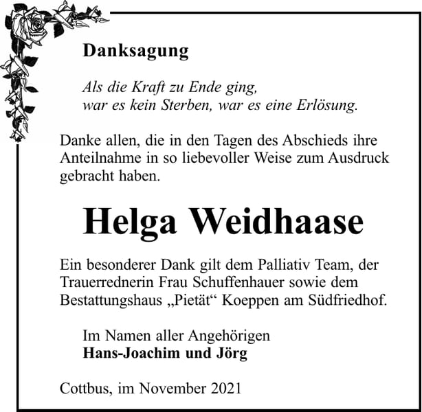 Danksagung Helga Weidhaase