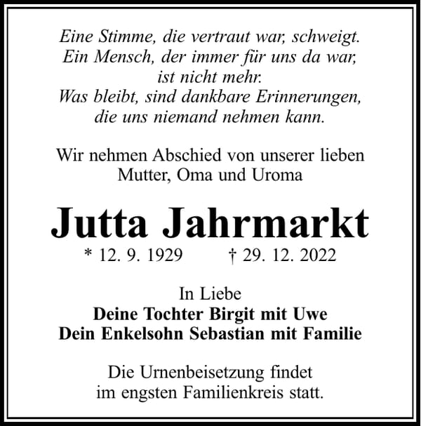 Traueranzeige Jutta Jahrmarkt
