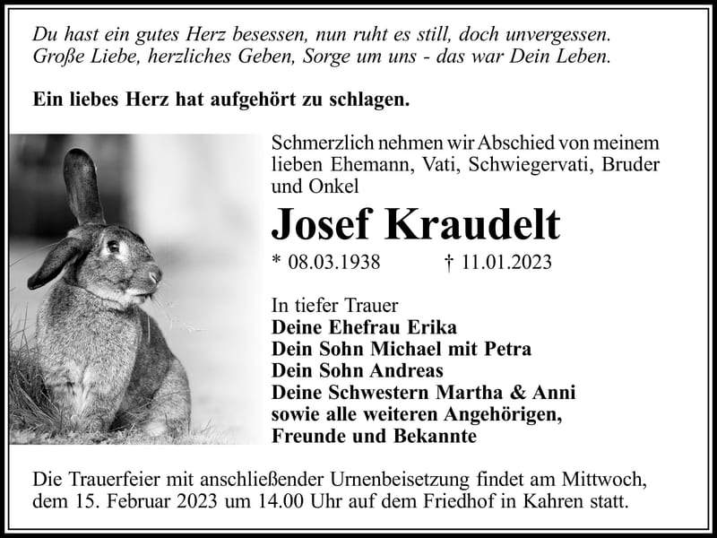Traueranzeige Josef Kraudelt