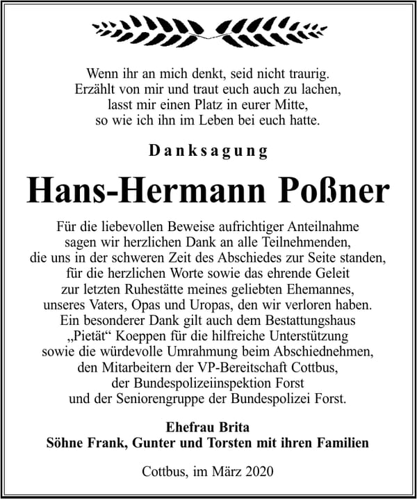 Danksagung Hans-Hermann Poßner