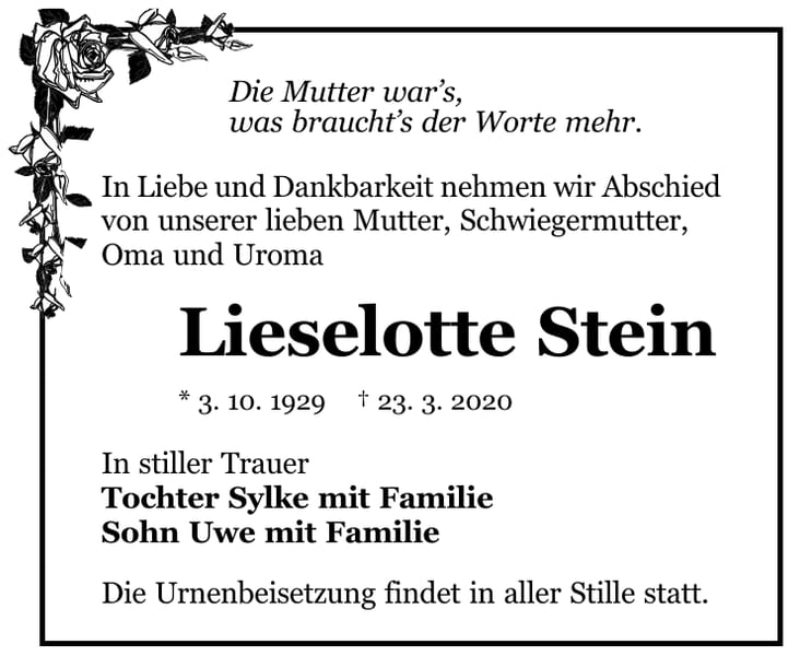 Traueranzeige Lieselotte Stein